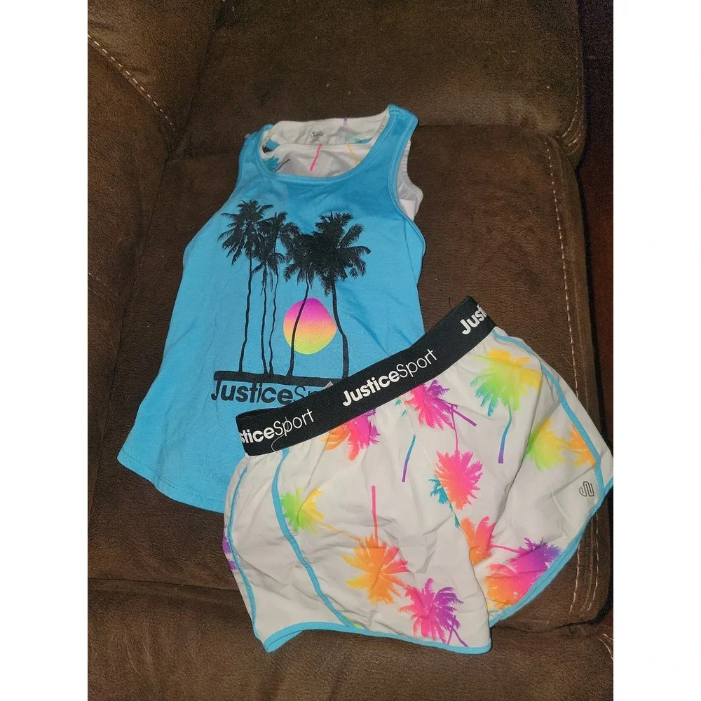 Justice sport palm trees‎ tank bra and shorts size 7 8 active wear